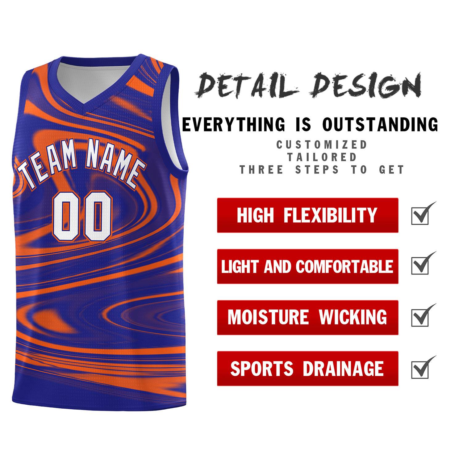 Custom Royal Orange Graffiti Pattern Fluids Style Sports Uniform Basketball Jersey Sets