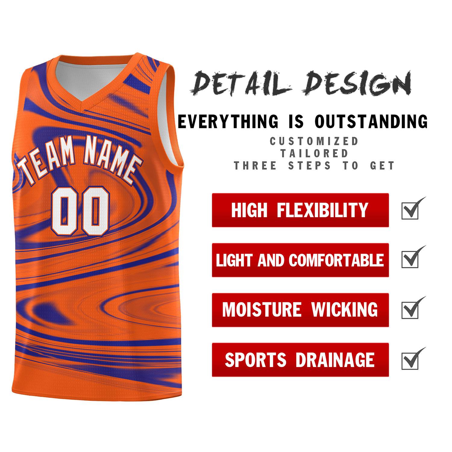 Custom Orange Royal Graffiti Pattern Fluids Style Sports Uniform Basketball Jersey Sets