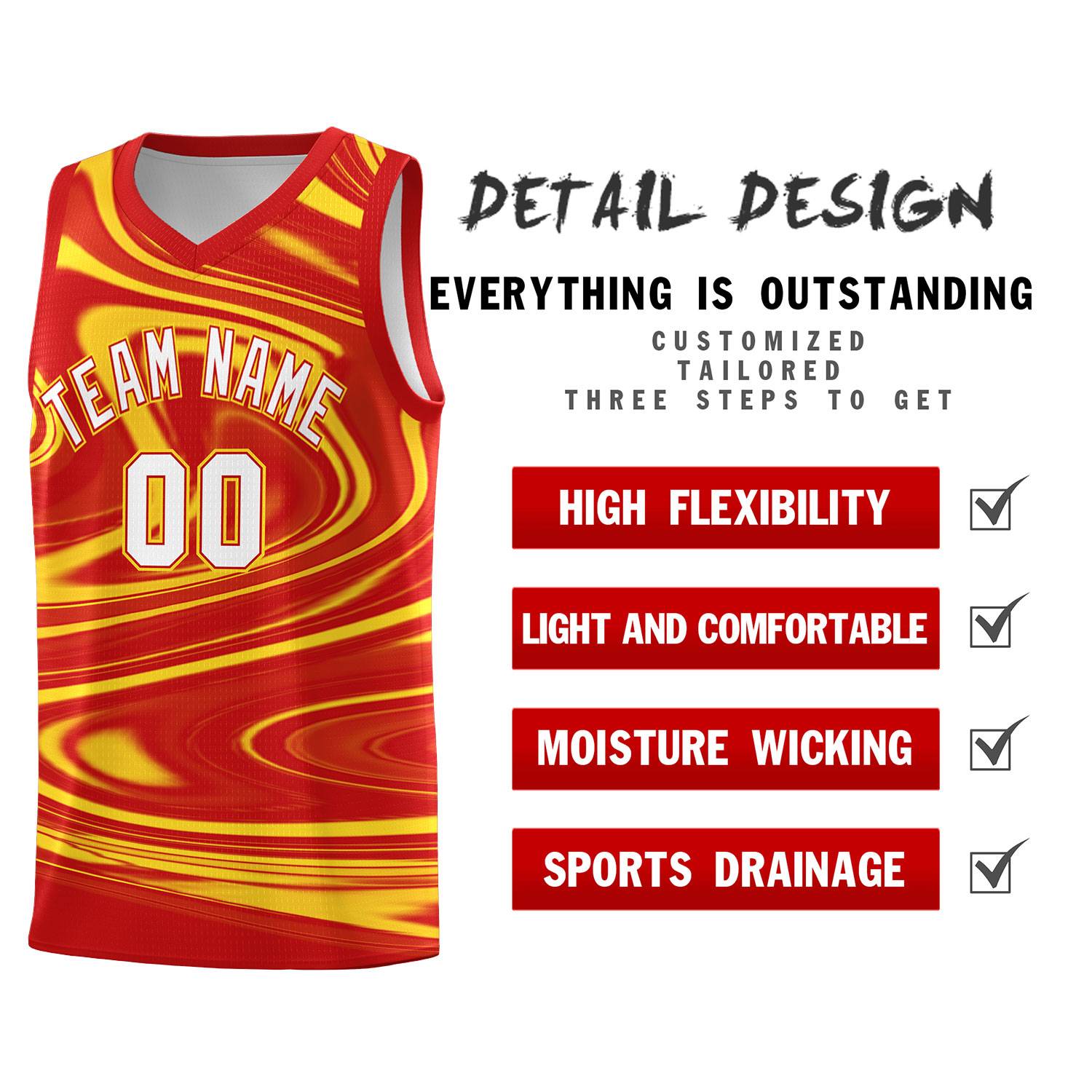 Custom Red Gold Graffiti Pattern Fluids Style Sports Uniform Basketball Jersey Sets
