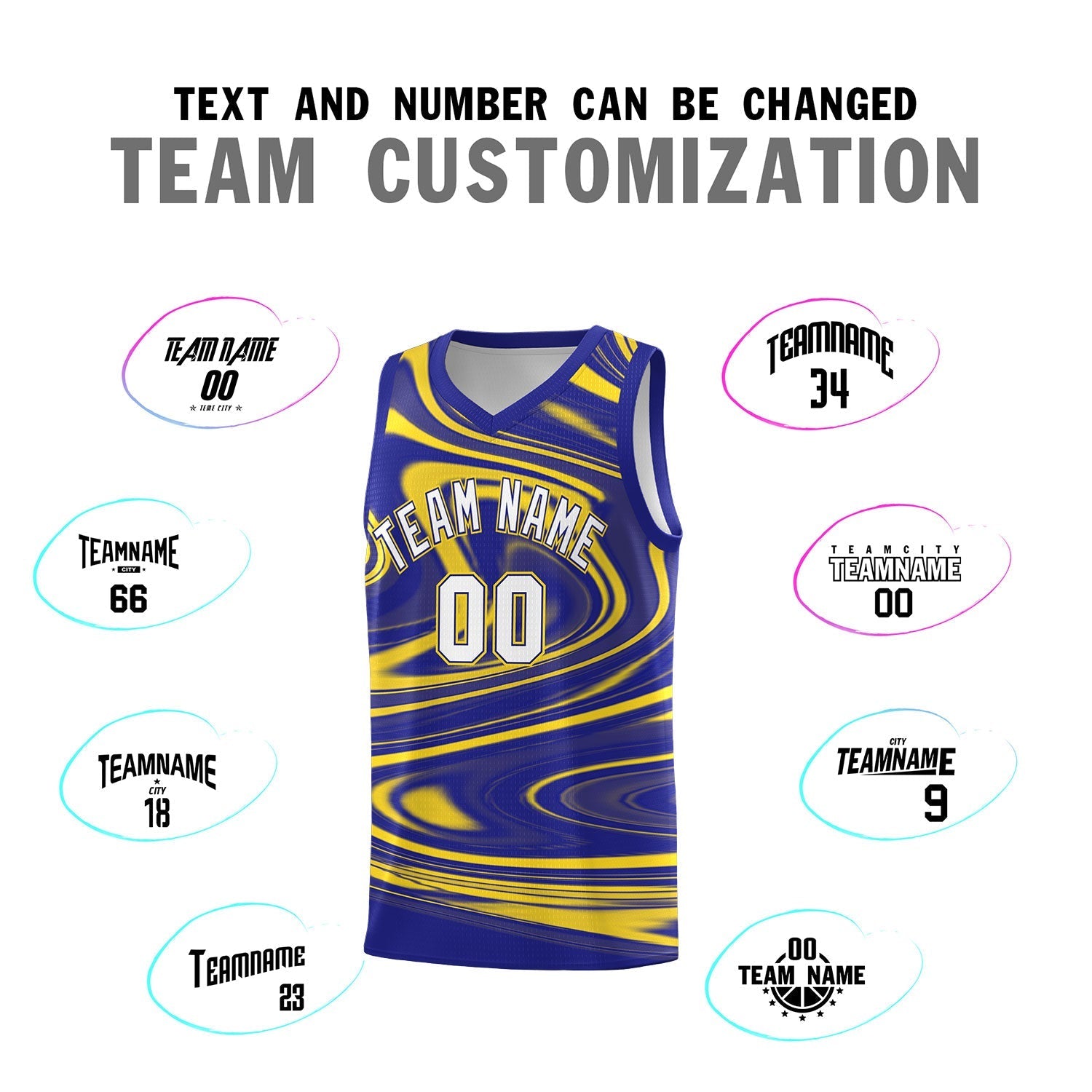 Custom Royal Gold Graffiti Pattern Fluids Style Sports Uniform Basketball Jersey Sets