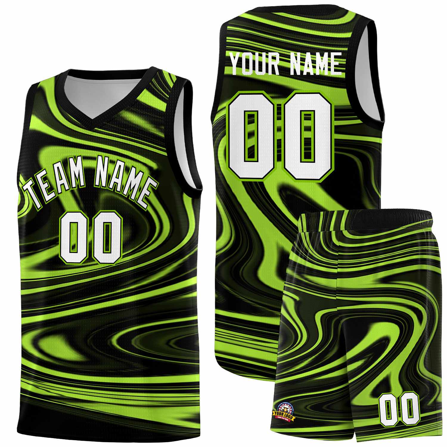 Custom Black Light Green Graffiti Pattern Fluids Style Sports Uniform Basketball Jersey Sets