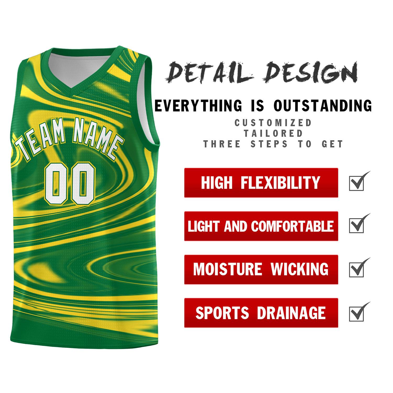 Custom Kelly Green Gold Graffiti Pattern Fluids Style Sports Uniform Basketball Jersey Sets