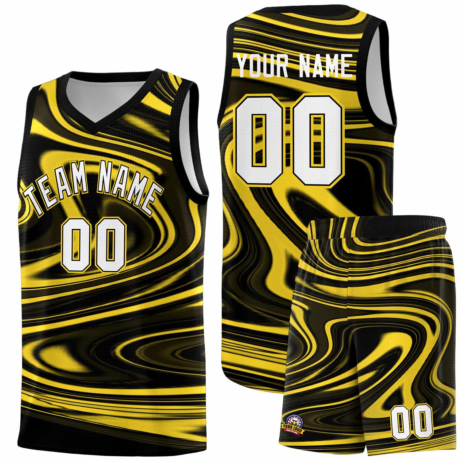 Custom Black Gold Graffiti Pattern Fluids Style Sports Uniform Basketball Jersey Sets