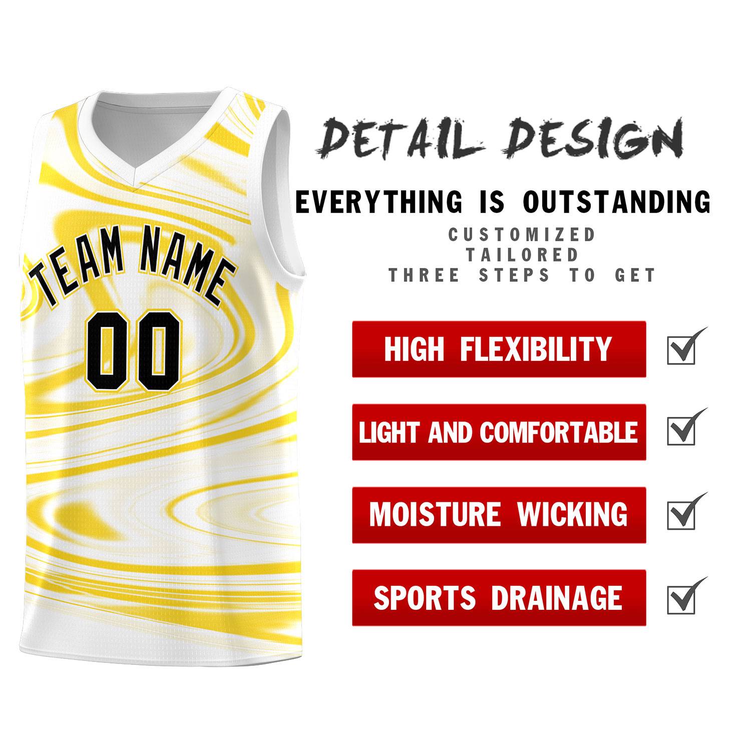 Custom White Gold Graffiti Pattern Fluids Style Sports Uniform Basketball Jersey Sets