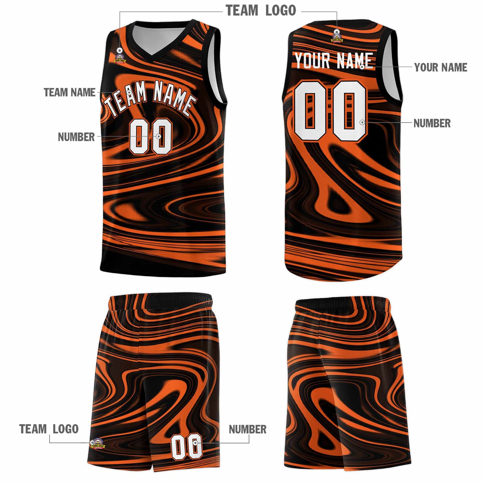 Custom Black Orange Graffiti Pattern Fluids Style Sports Uniform Basketball Jersey Sets