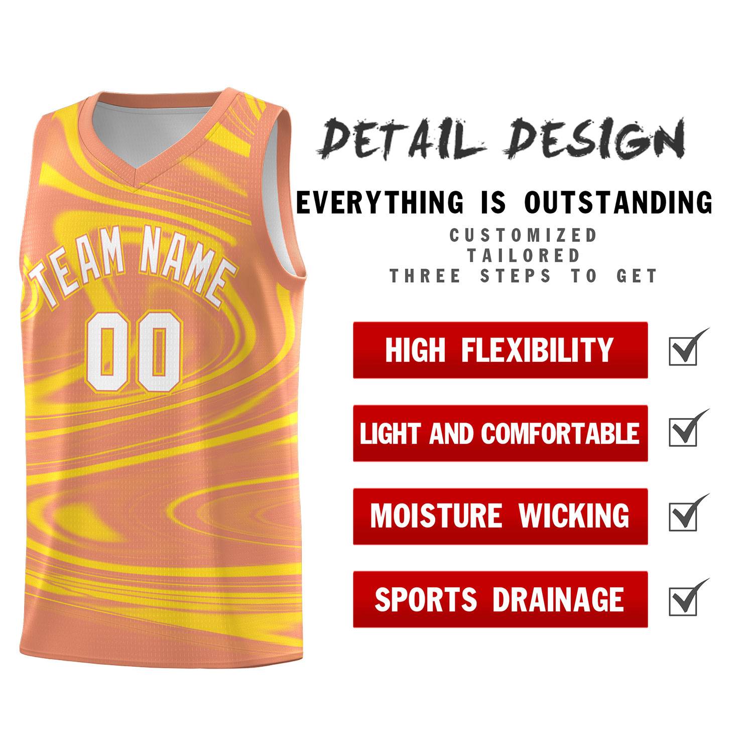Custom Light Orange Gold Graffiti Pattern Fluids Style Sports Uniform Basketball Jersey Sets