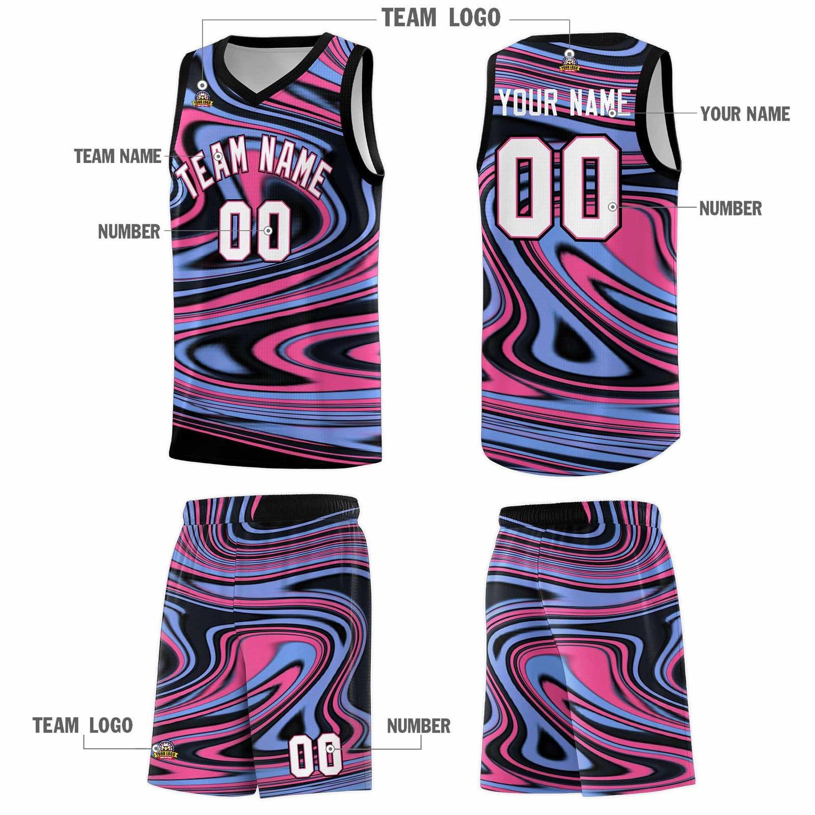 Custom Black Light Blue Graffiti Pattern Fluids Style Sports Uniform Basketball Jersey Sets