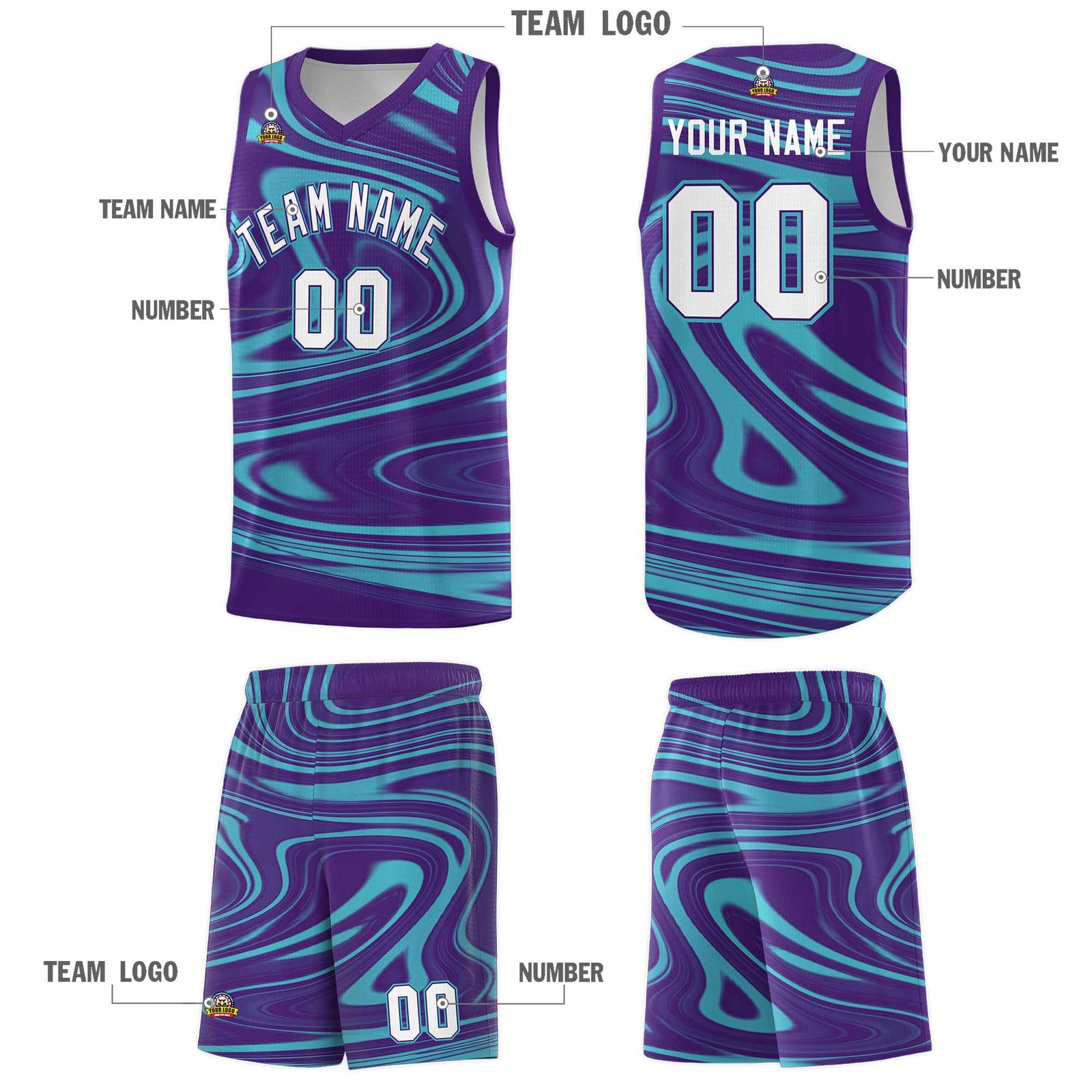 Custom Purple Aqua Graffiti Pattern Fluids Style Sports Uniform Basketball Jersey Sets