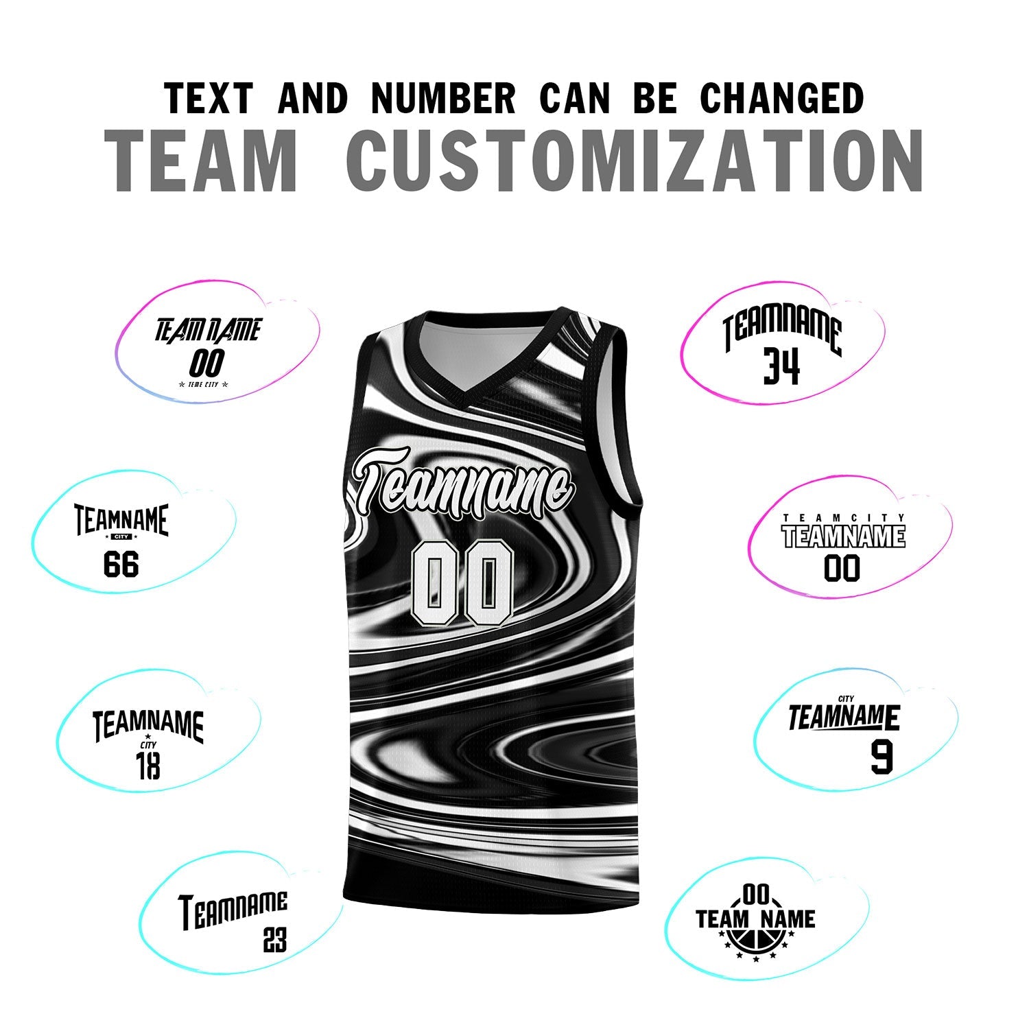 Custom Black White Graffiti Pattern Fluids Style Sports Uniform Basketball Jersey Sets