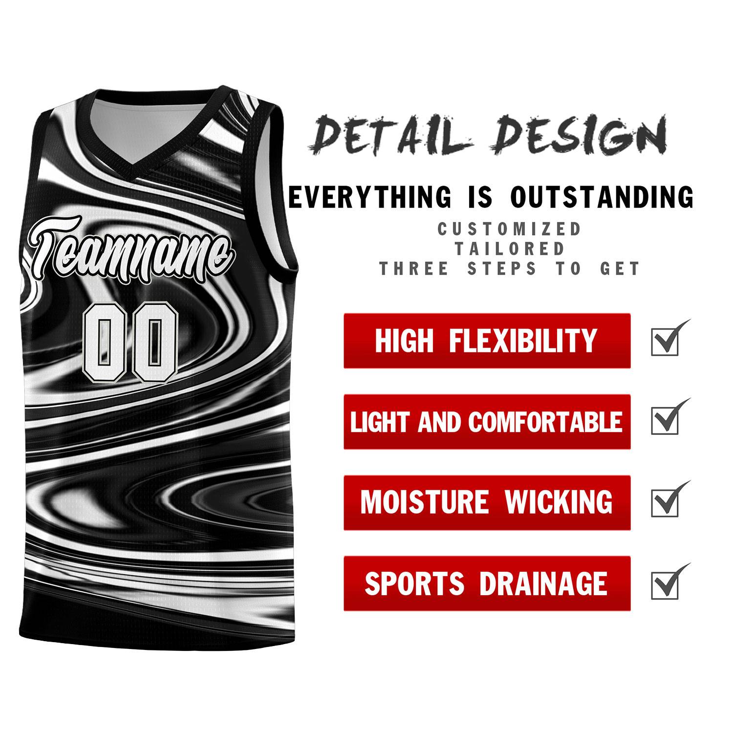 Custom Black White Graffiti Pattern Fluids Style Sports Uniform Basketball Jersey Sets
