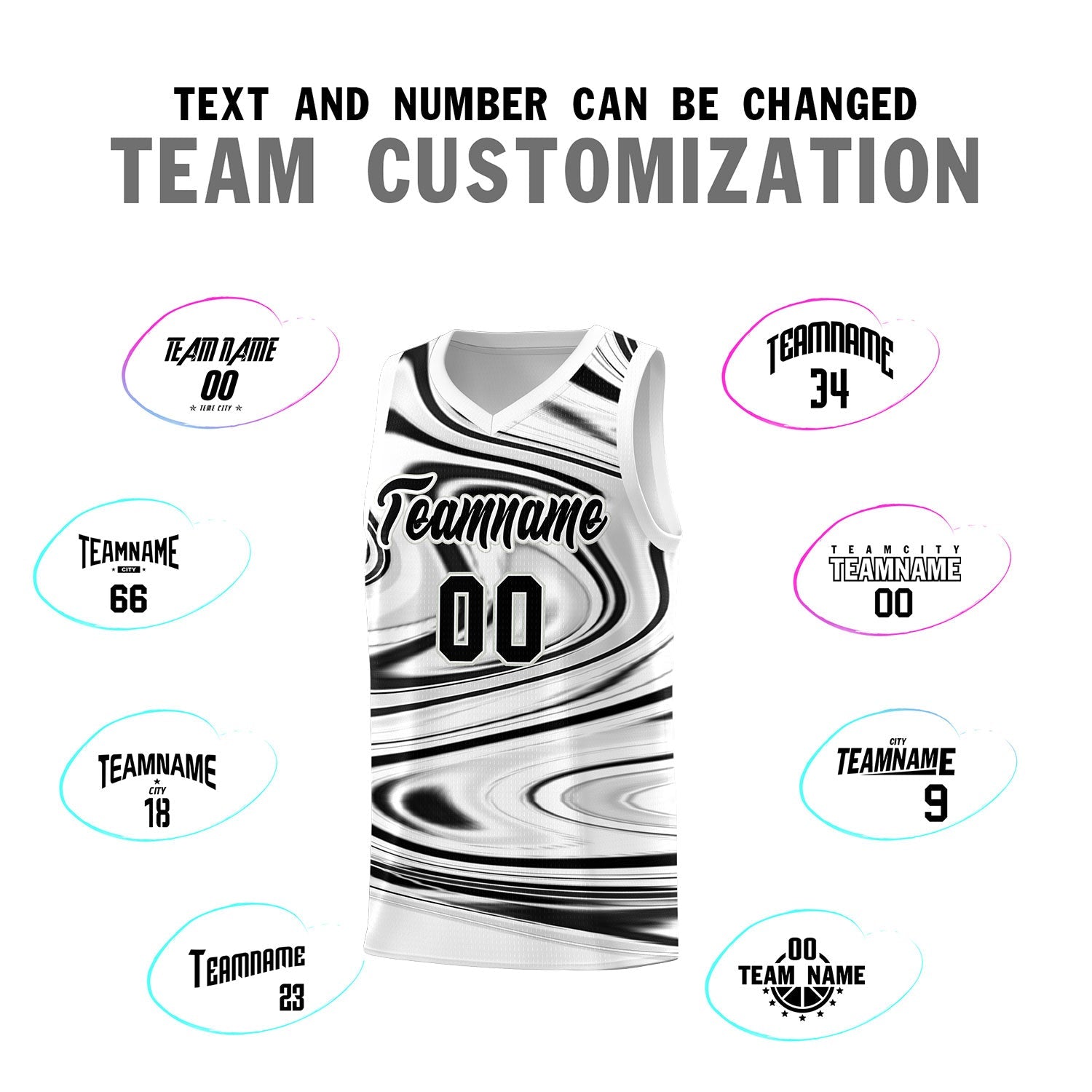 Custom White Black Graffiti Pattern Fluids Style Sports Uniform Basketball Jersey Sets