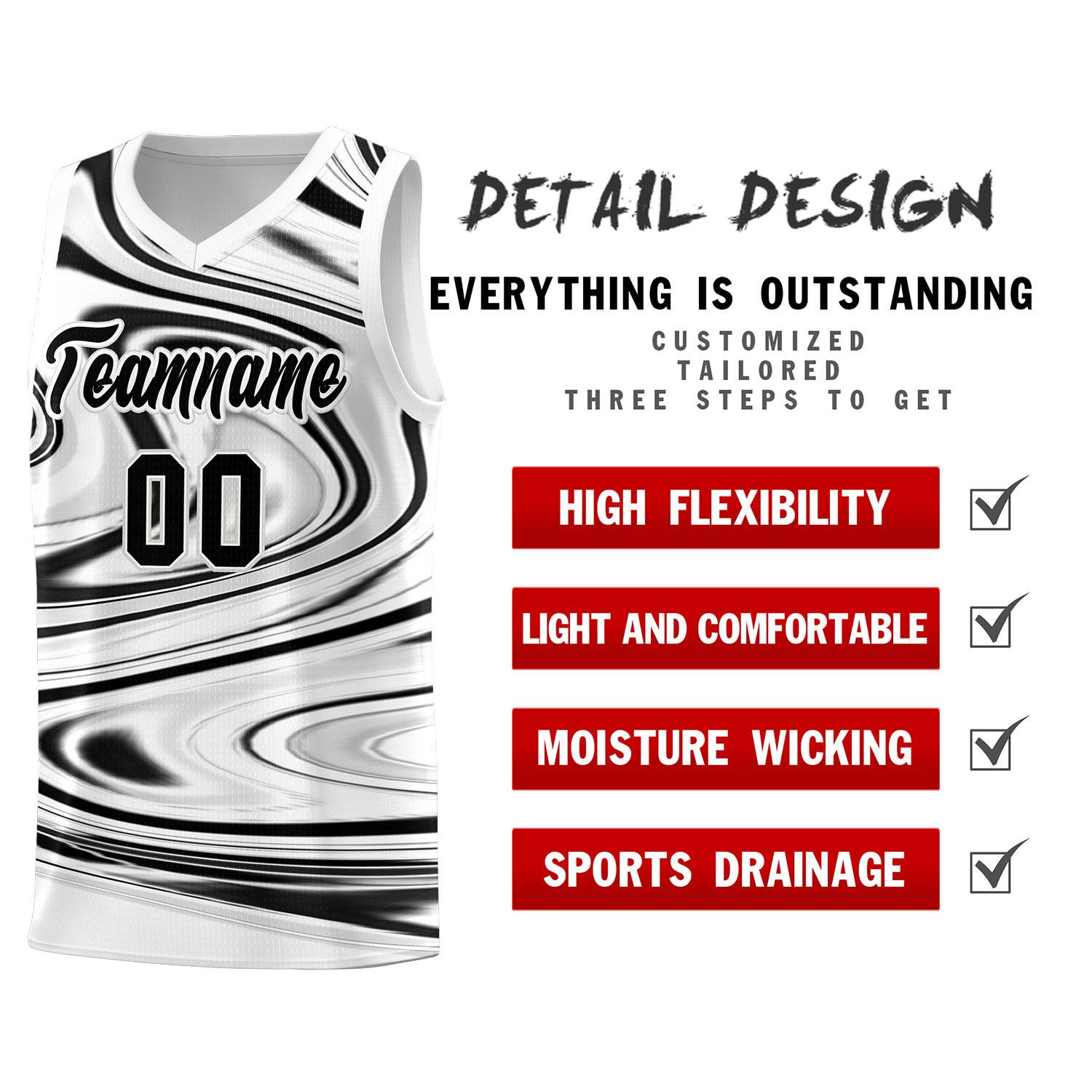 Custom White Black Graffiti Pattern Fluids Style Sports Uniform Basketball Jersey Sets