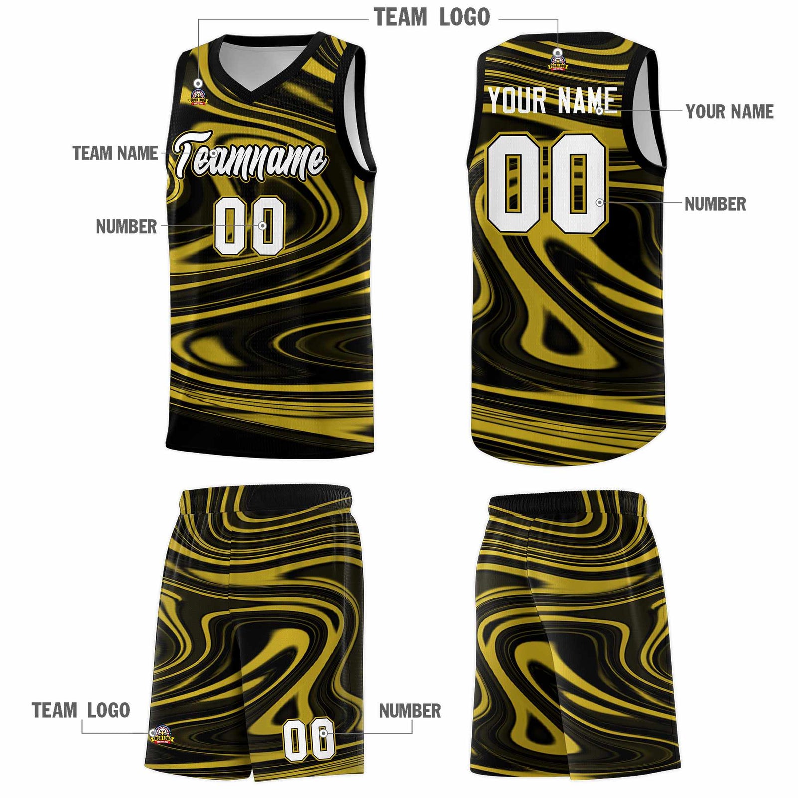 Custom Black Old Gold Graffiti Pattern Fluids Style Sports Uniform Basketball Jersey Sets