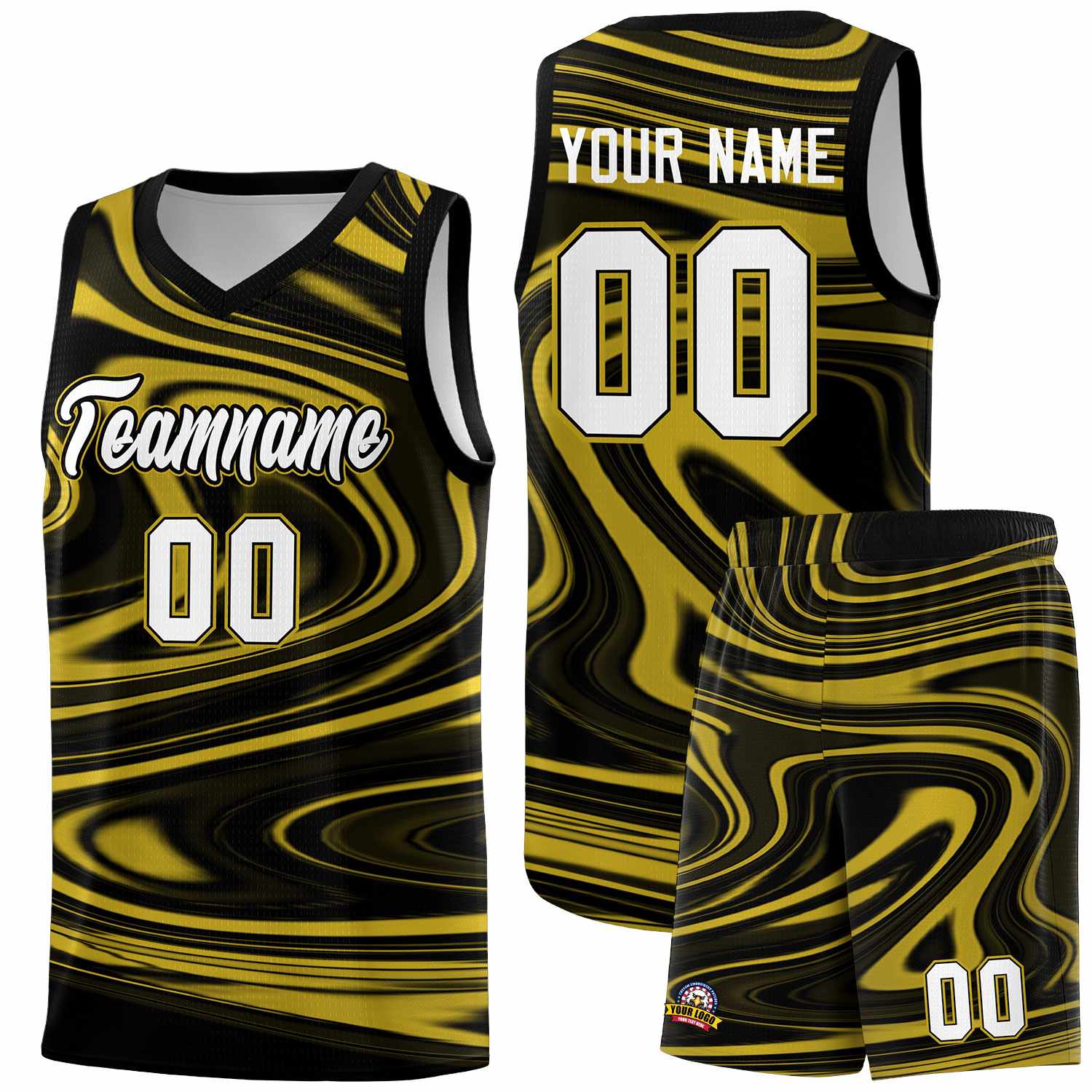 Custom Black Old Gold Graffiti Pattern Fluids Style Sports Uniform Basketball Jersey Sets