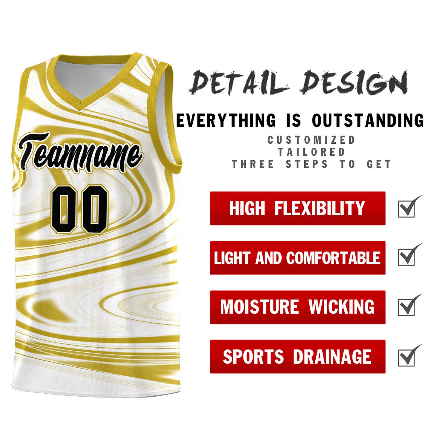 Custom White Old Gold Graffiti Pattern Fluids Style Sports Uniform Basketball Jersey Sets