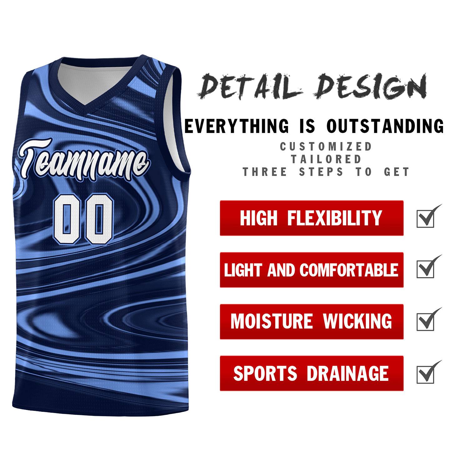 Custom Navy Light Blue Graffiti Pattern Fluids Style Sports Uniform Basketball Jersey Sets