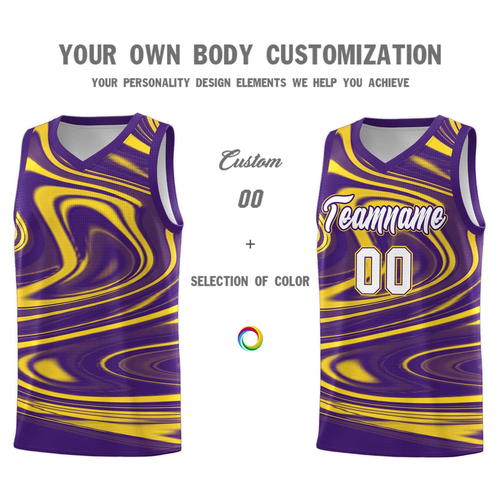 Custom Purple Gold Graffiti Pattern Fluids Style Sports Uniform Basketball Jersey Sets