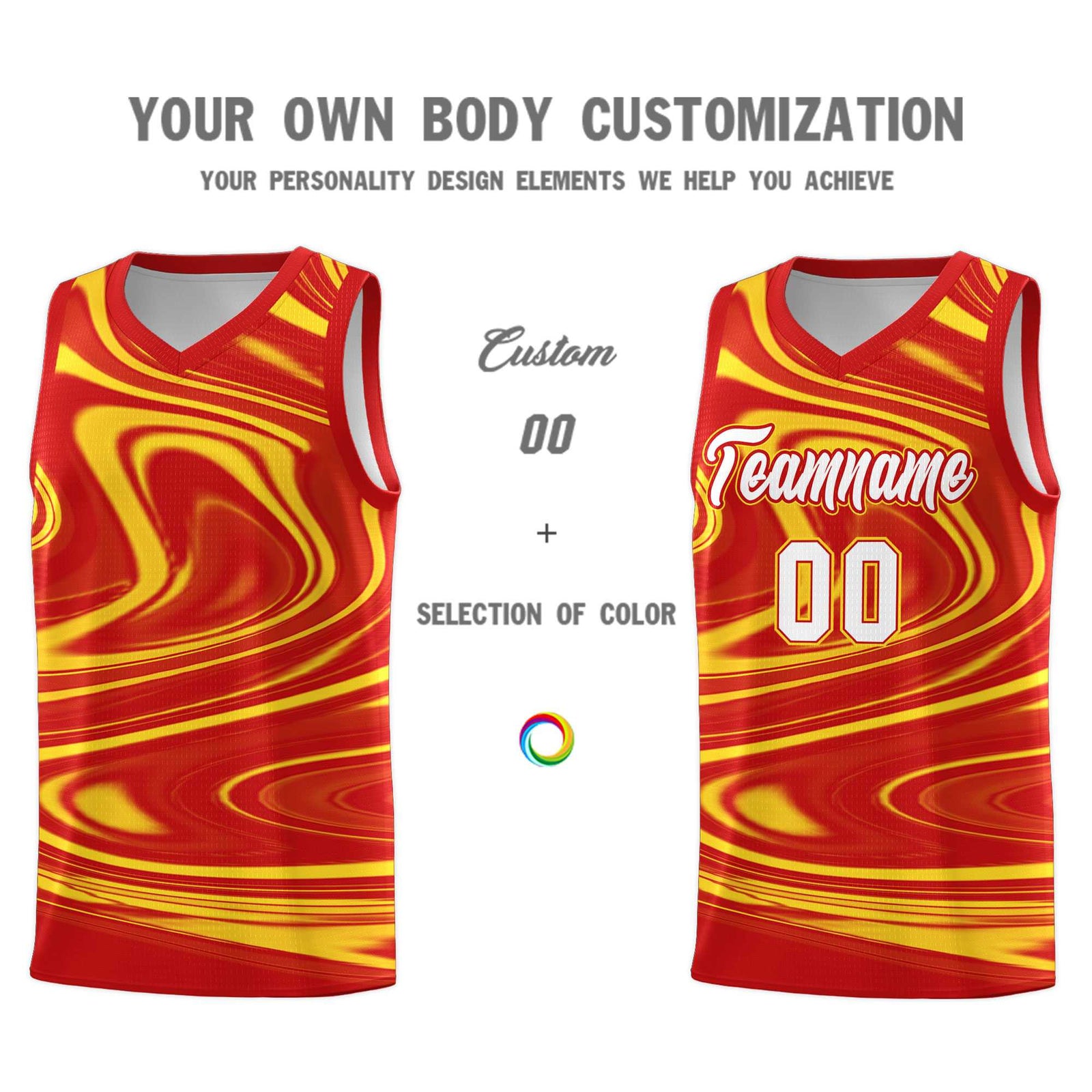 Custom Red Gold Graffiti Pattern Fluids Style Sports Uniform Basketball Jersey Sets