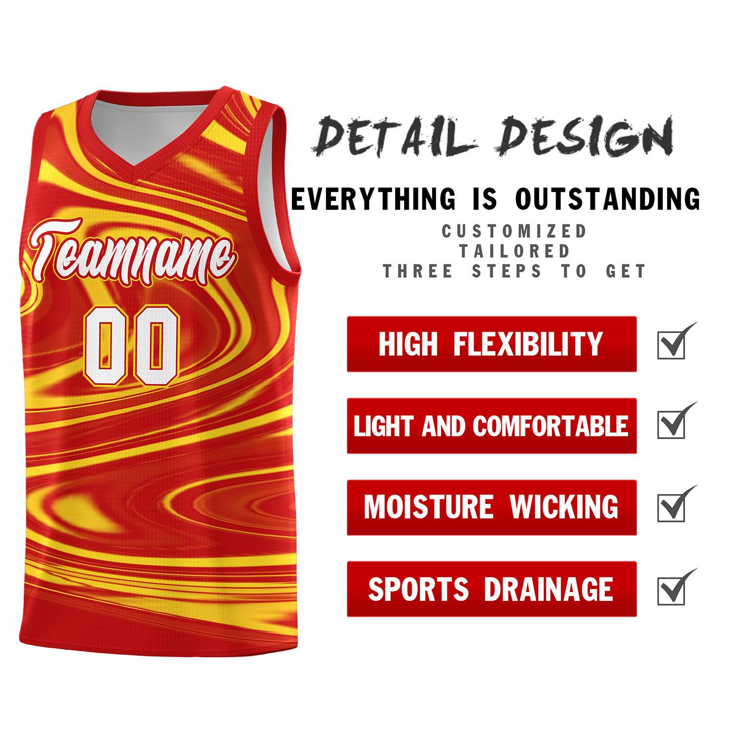 Custom Red Gold Graffiti Pattern Fluids Style Sports Uniform Basketball Jersey Sets