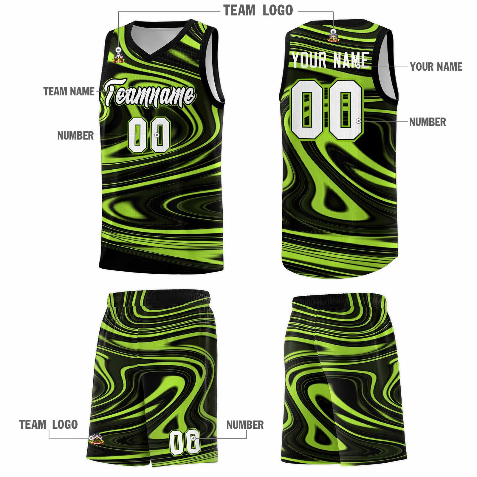 Custom Black Light Green Graffiti Pattern Fluids Style Sports Uniform Basketball Jersey Sets