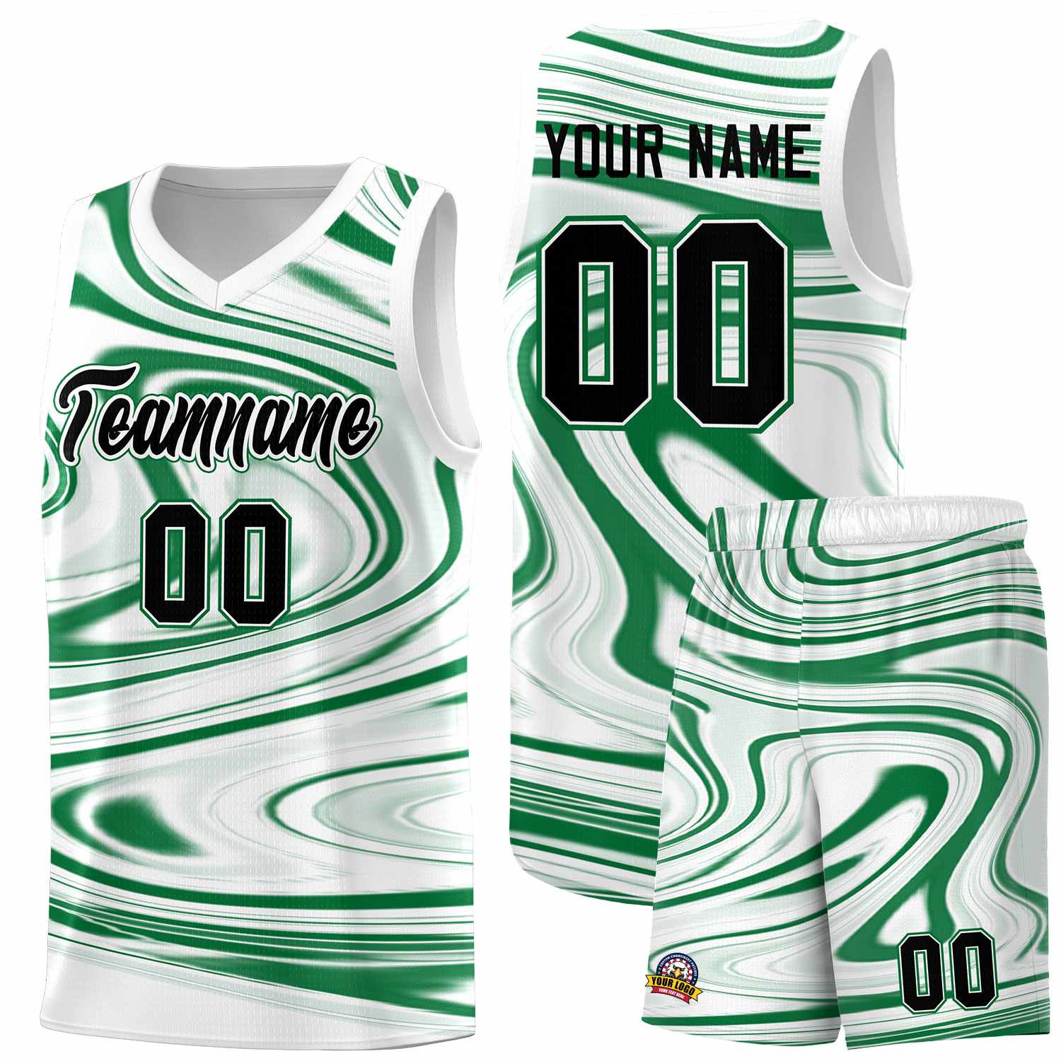 Custom White Kelly Green Graffiti Pattern Fluids Style Sports Uniform Basketball Jersey Sets