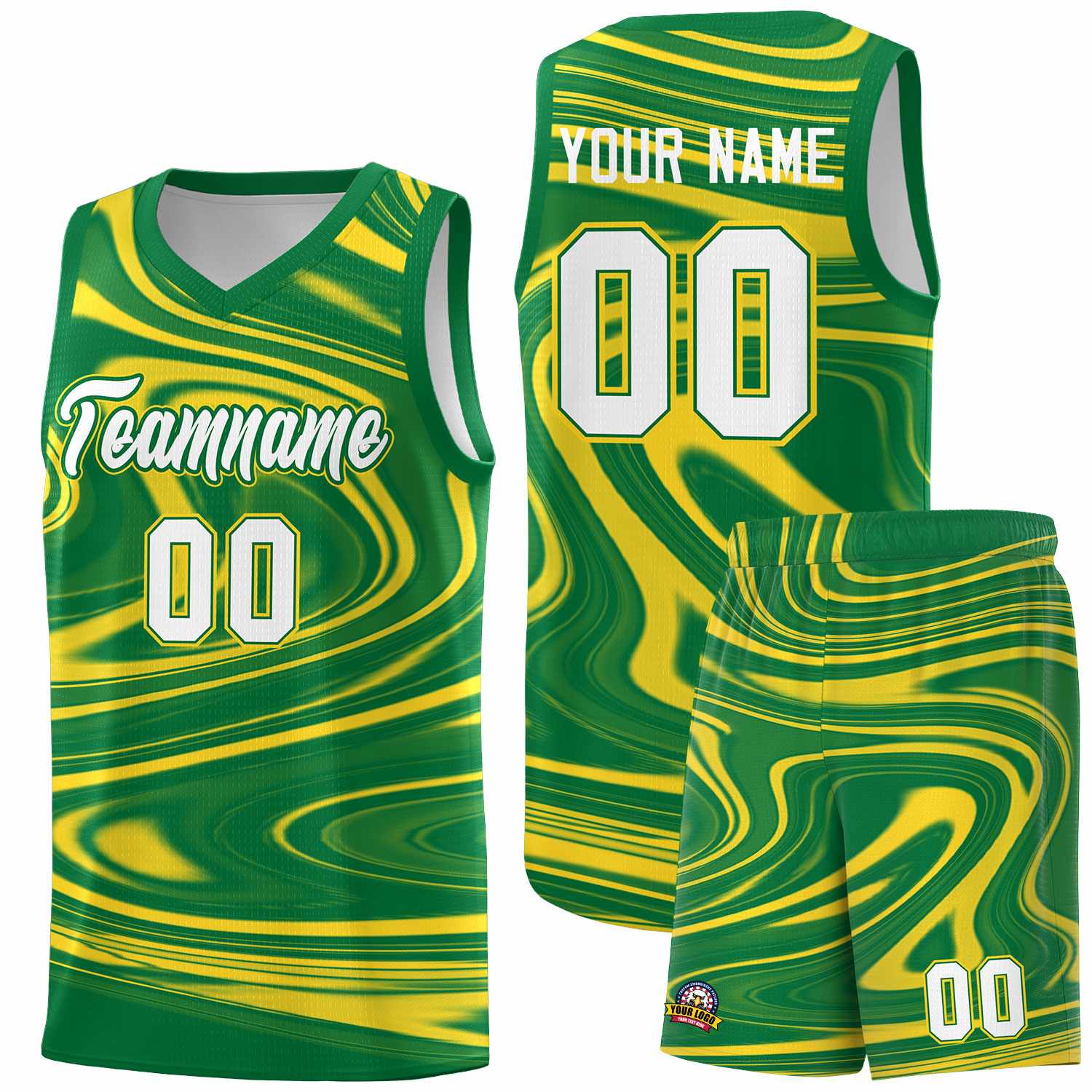 Custom Kelly Green Gold Graffiti Pattern Fluids Style Sports Uniform Basketball Jersey Sets