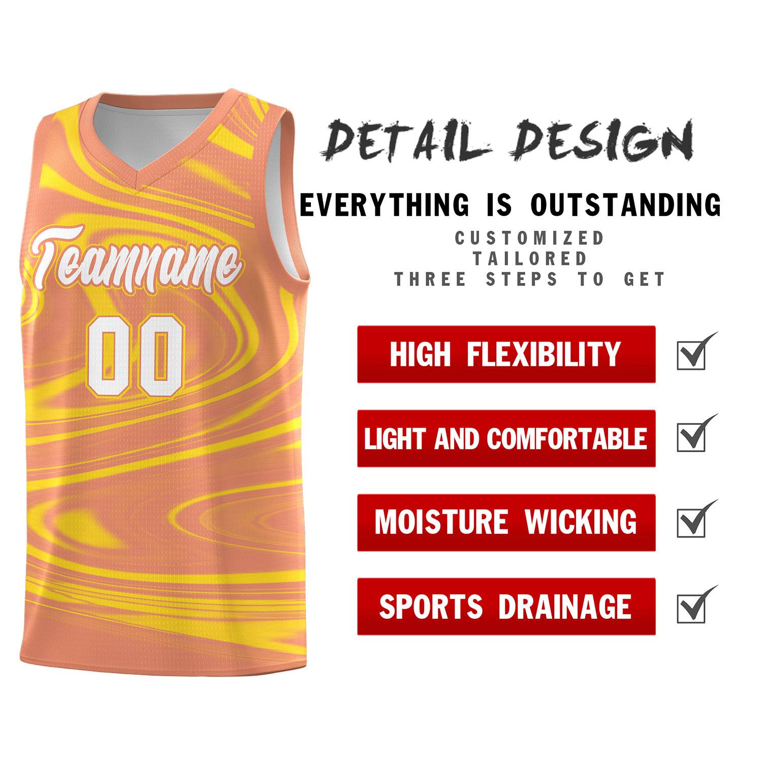 Custom Light Orange Gold Graffiti Pattern Fluids Style Sports Uniform Basketball Jersey Sets