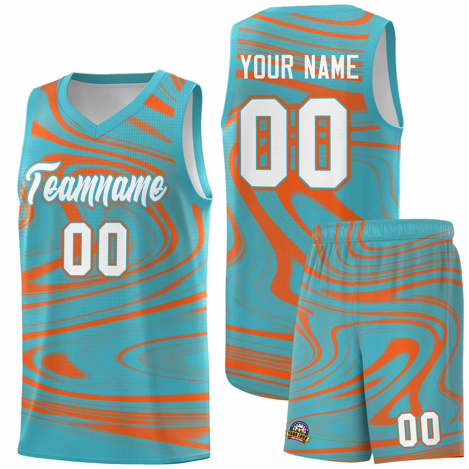 Custom Aqua Orange Graffiti Pattern Fluids Style Sports Uniform Basketball Jersey Sets