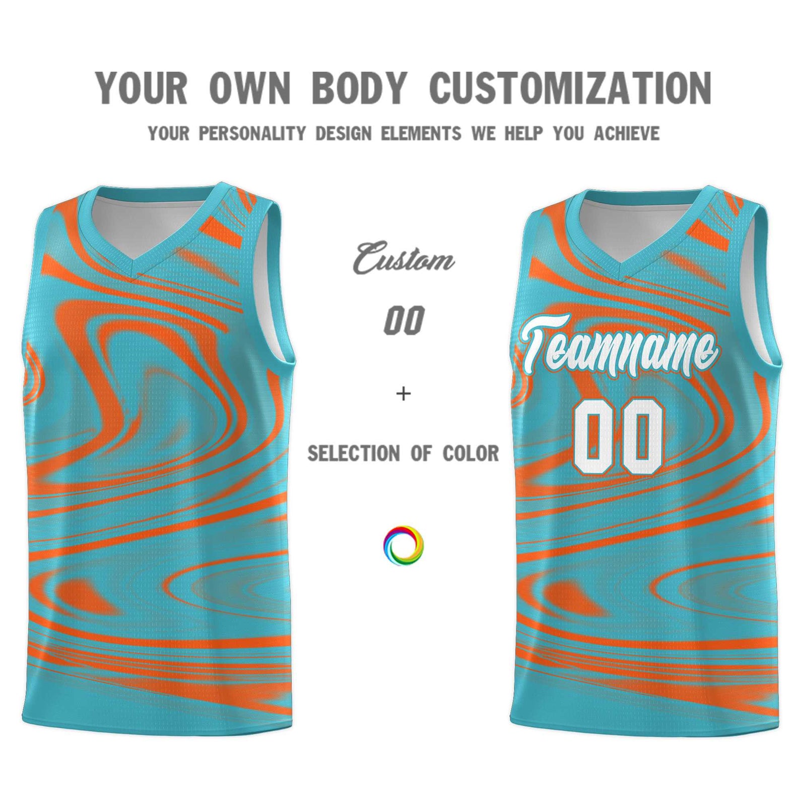 Custom Aqua Orange Graffiti Pattern Fluids Style Sports Uniform Basketball Jersey Sets