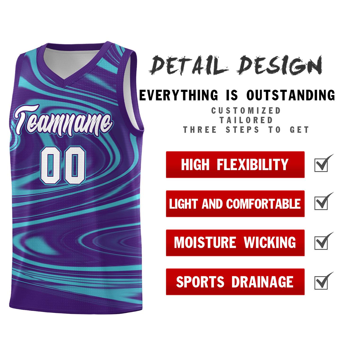 Custom Purple Aqua Graffiti Pattern Fluids Style Sports Uniform Basketball Jersey Sets