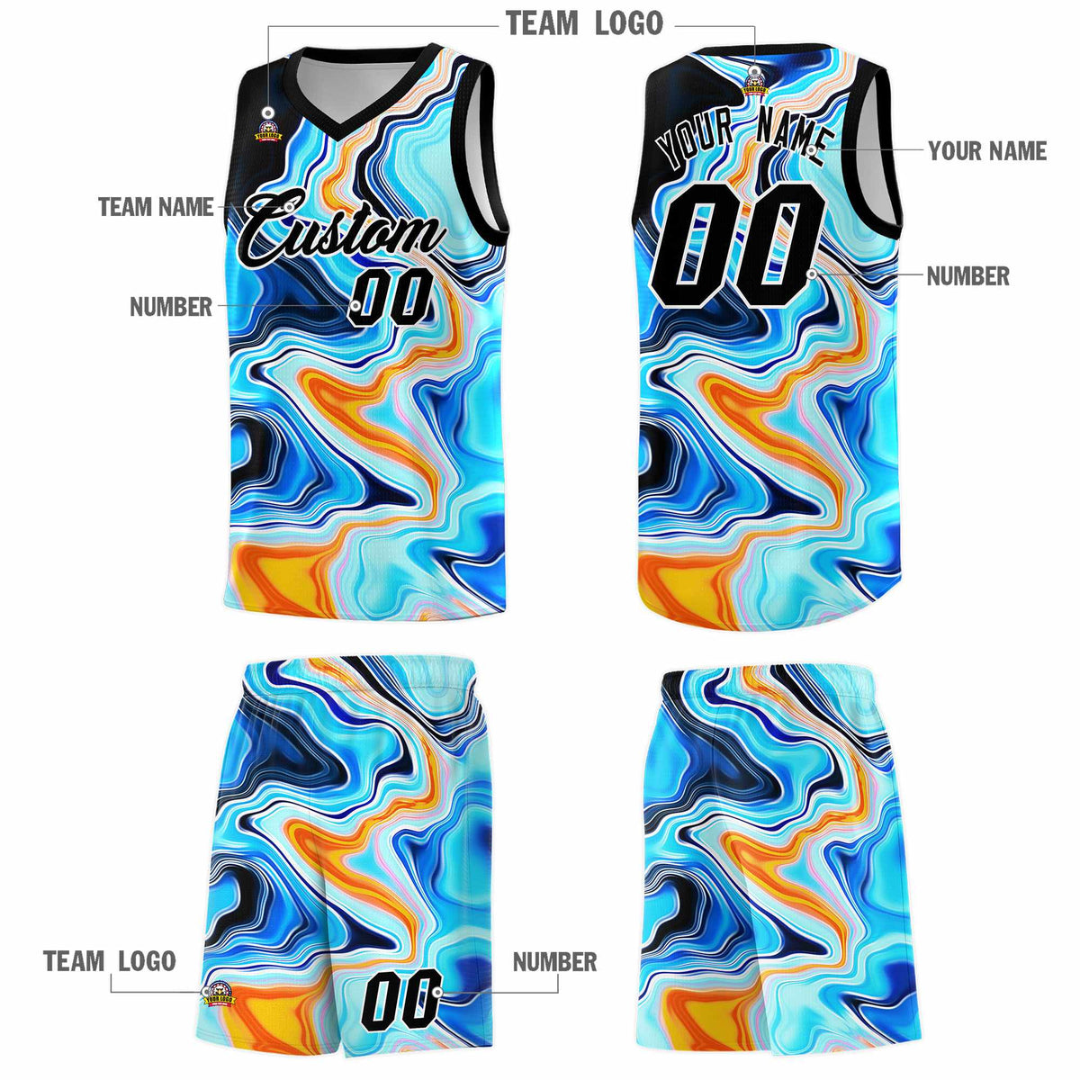 Custom Black Fluid Painting Pattern Sports Uniform Basketball Jersey