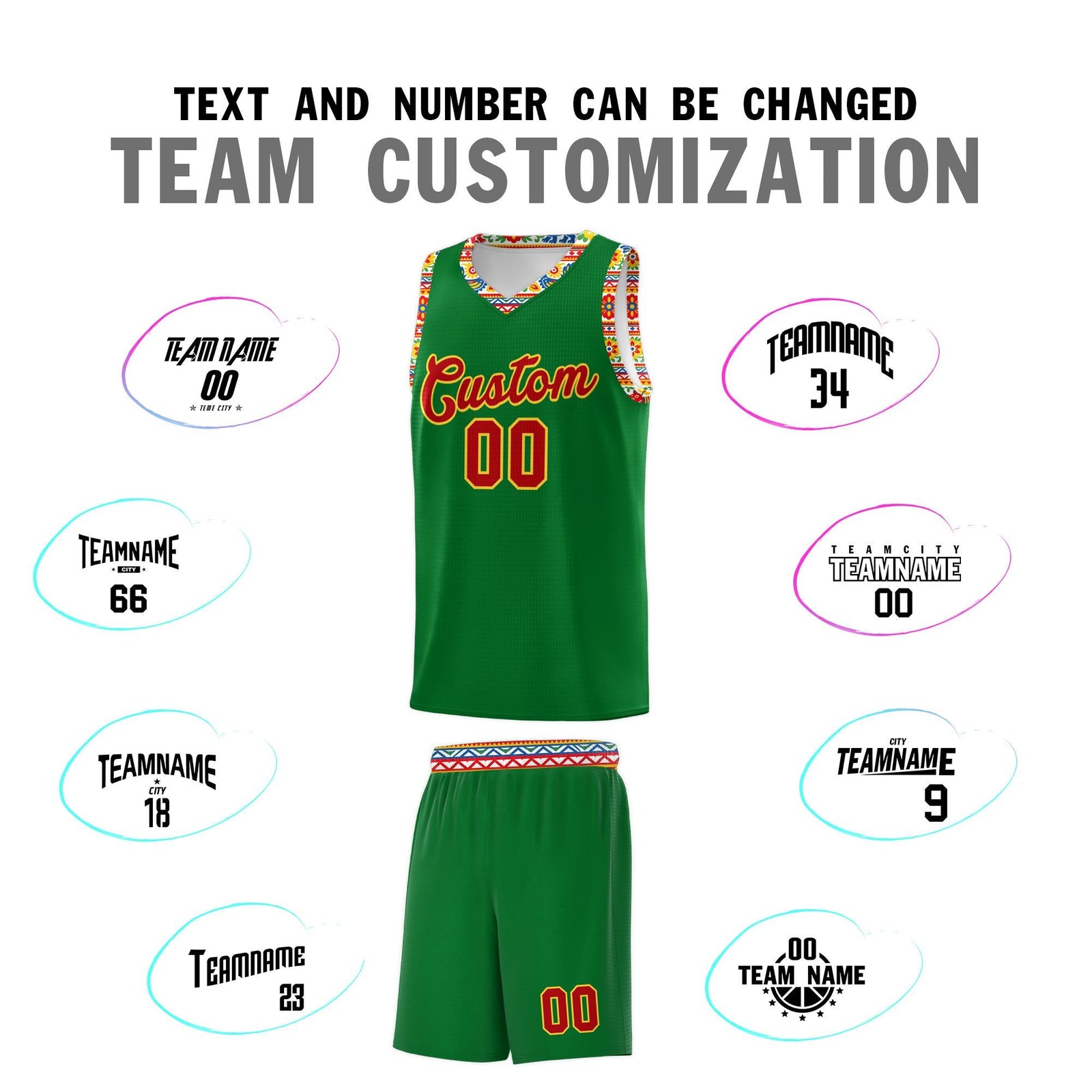Custom Kelly Green Colorfulflower pattern Mexican Colors Graffiti Patterns Lightweight Uniform Basketball Jersey