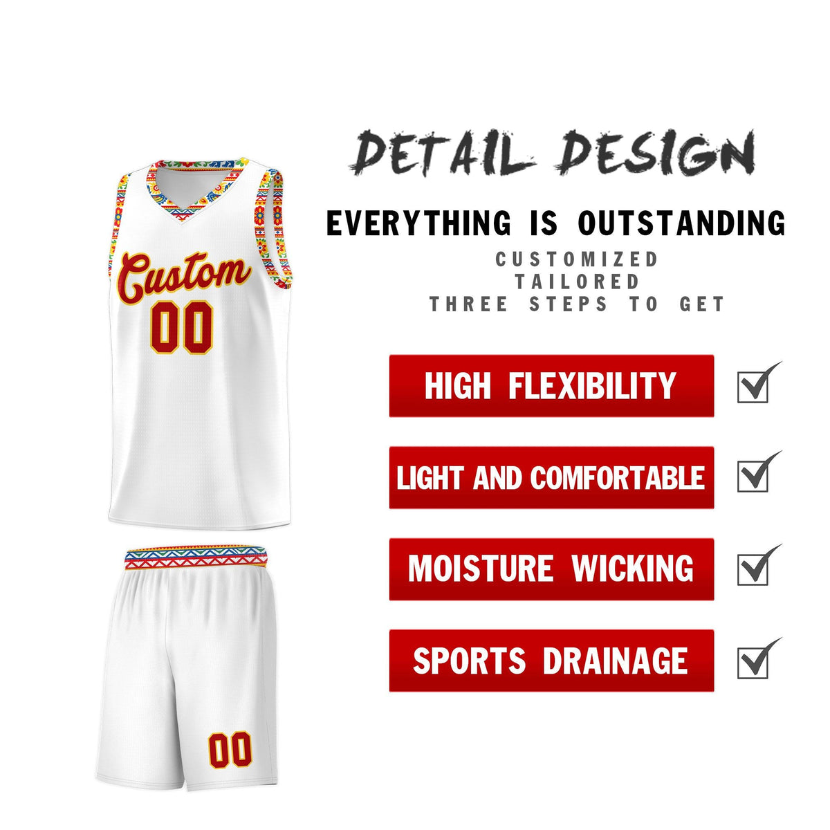 Custom White Colorfulflower pattern Mexican Colors Graffiti Patterns Wrinkle-Resistant Uniform Basketball Jersey