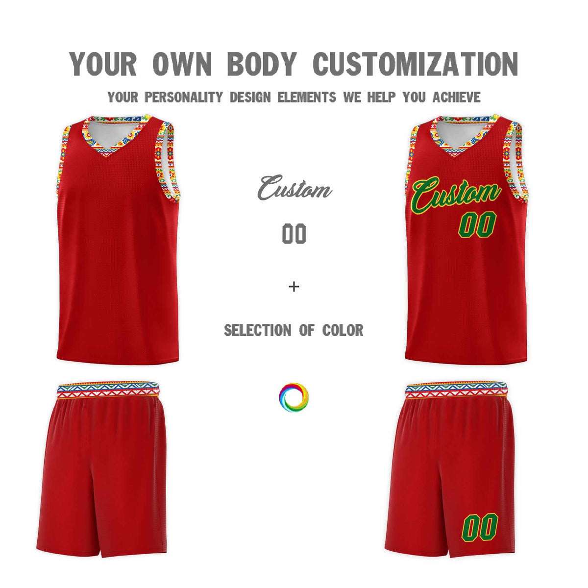 Custom Red Colorfulflower pattern Mexican Colors Graffiti Patterns Drapable Uniform Basketball Jersey