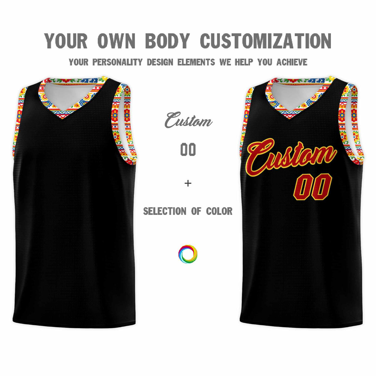 Custom Black Colorfulflower pattern Mexican Colors Graffiti Patterns Sublimation Printing Uniform Basketball Jersey
