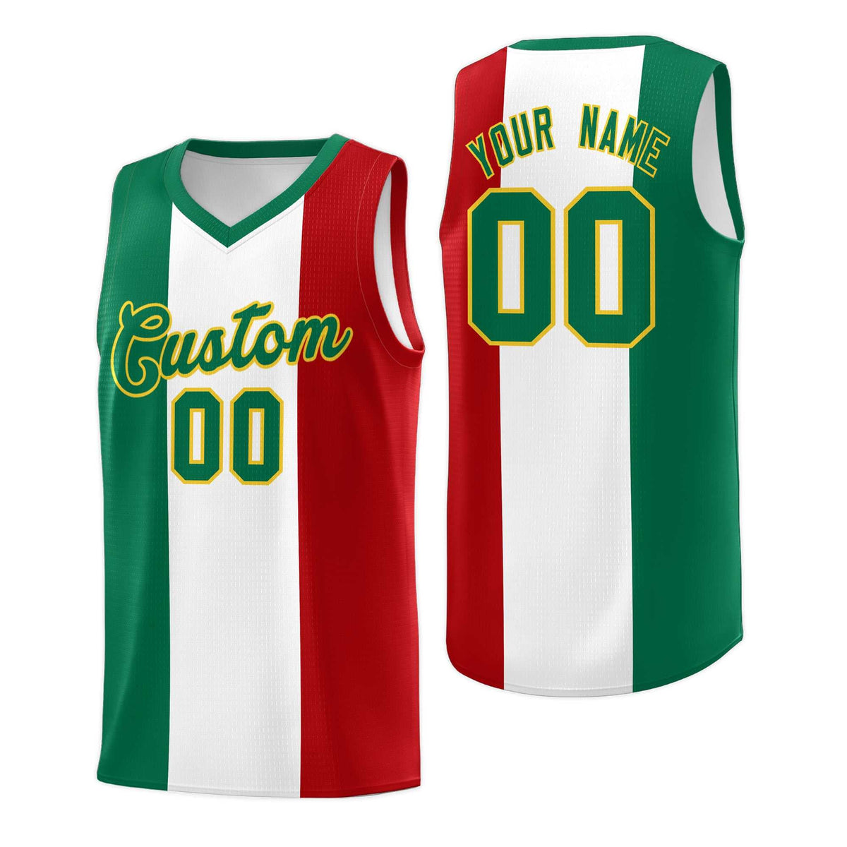 Custom White Kelly Green Red Mexican Colors Graffiti Patterns Breathable Uniform Basketball Jersey