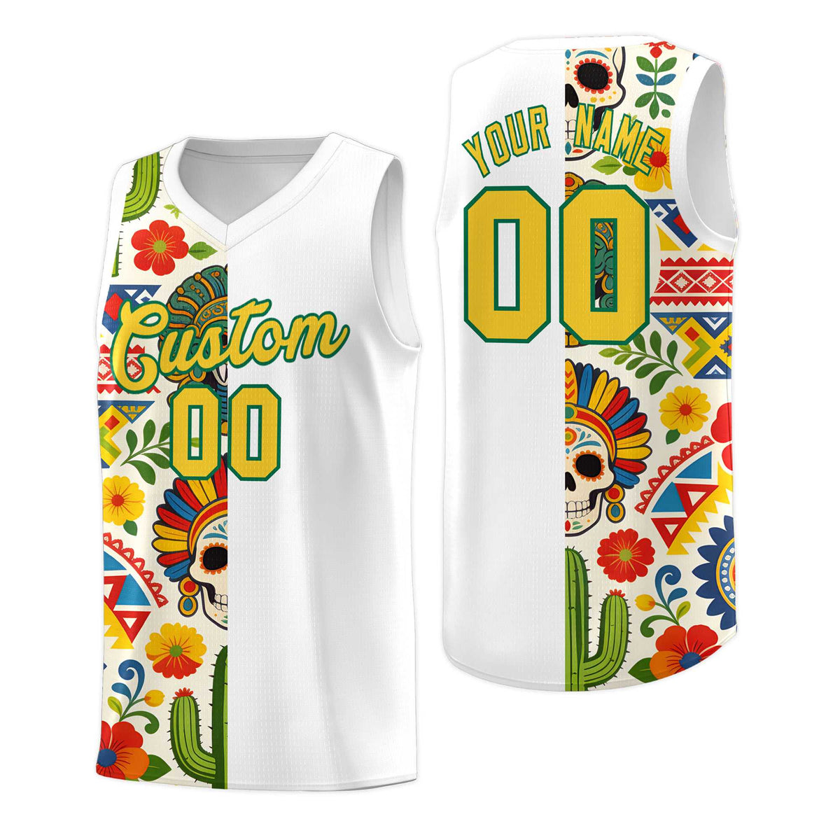 Custom White Skeleton Mexican Colors Graffiti Patterns Breathable Uniform Basketball Jersey