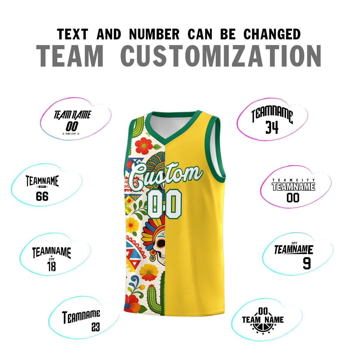 Custom Gold Skeleton Mexican Colors Graffiti Patterns Lightweight Uniform Basketball Jersey
