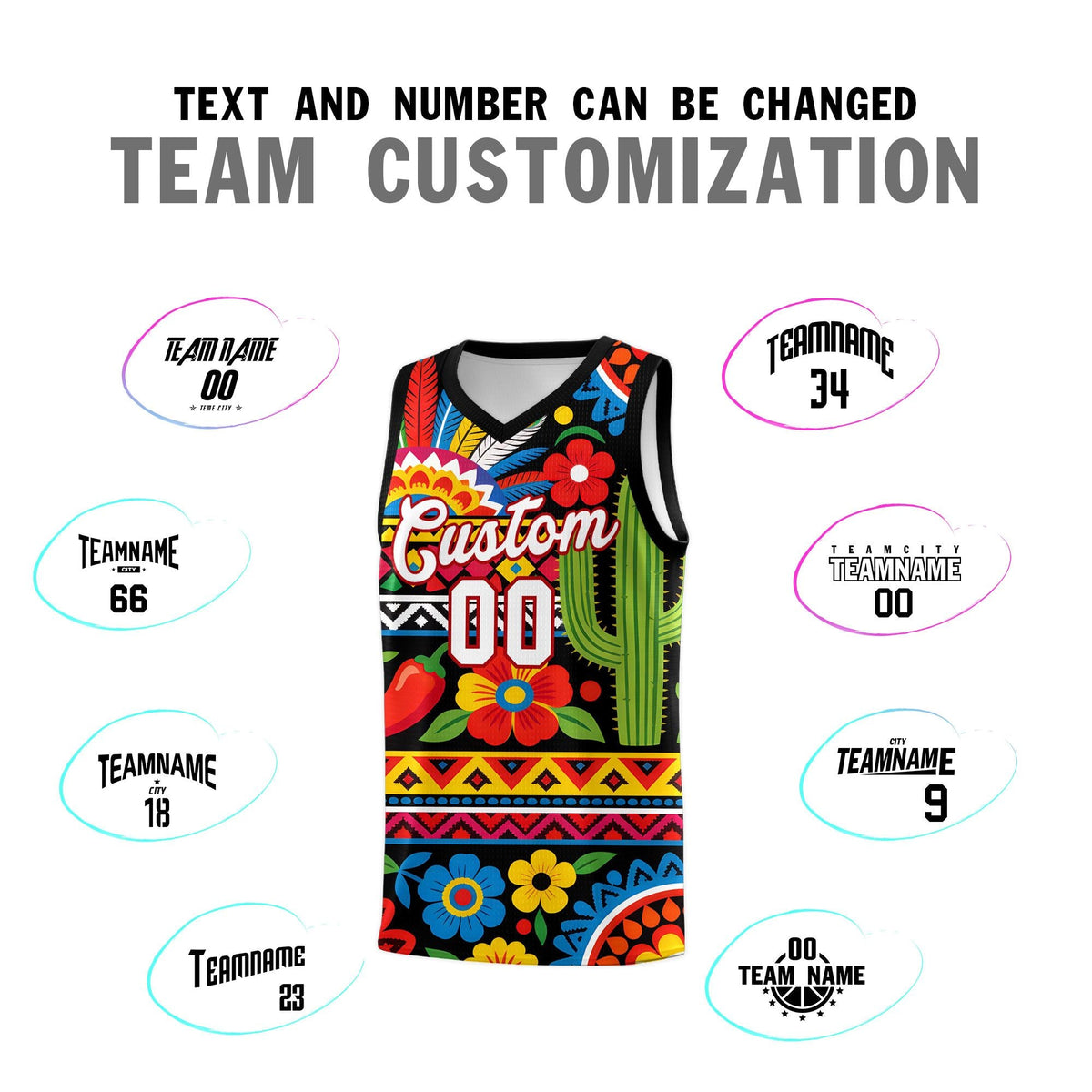 Custom Black Cactus Mexican Colors Graffiti Patterns Wrinkle-Resistant Uniform Basketball Jersey
