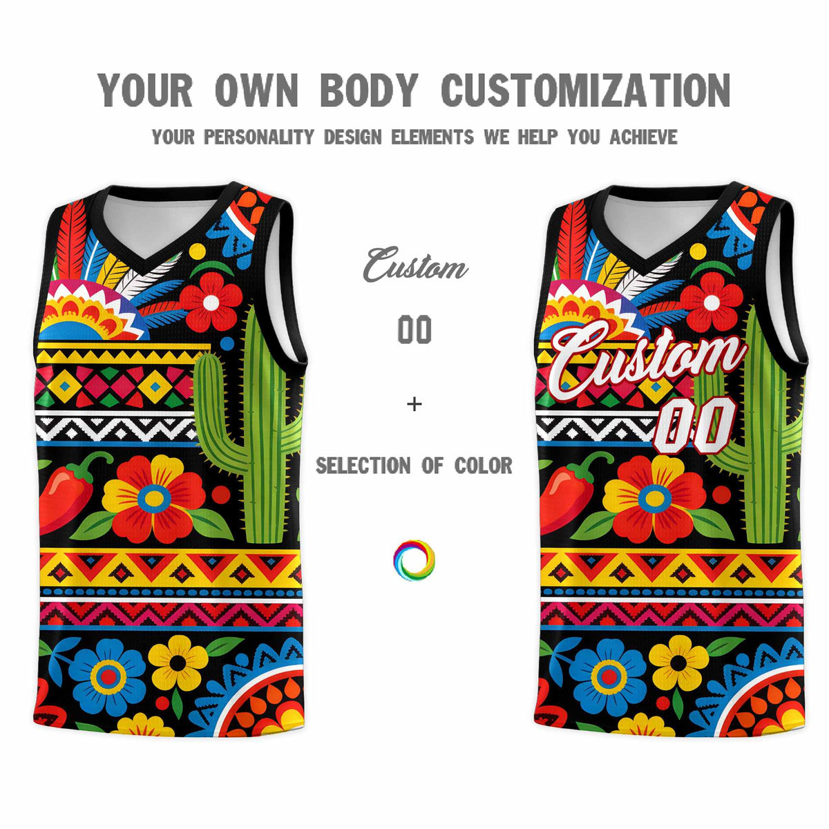 Custom Black Cactus Mexican Colors Graffiti Patterns Wrinkle-Resistant Uniform Basketball Jersey