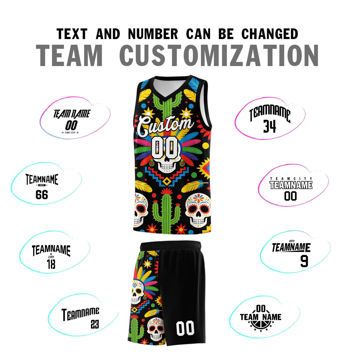 Custom Black Skeleton Mexican Colors Graffiti Patterns Sublimation Printing Uniform Basketball Jersey