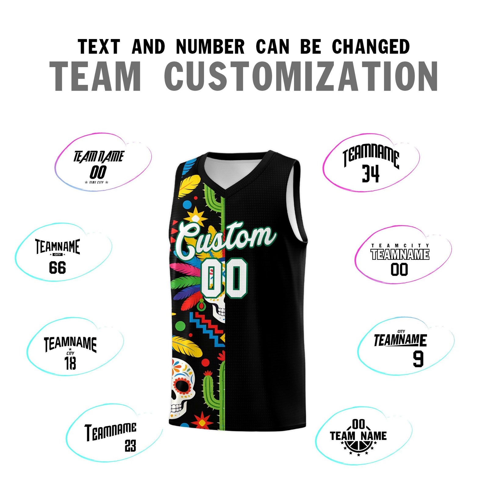 Custom Black Skeleton Mexican Colors Graffiti Patterns Breathable Uniform Basketball Jersey