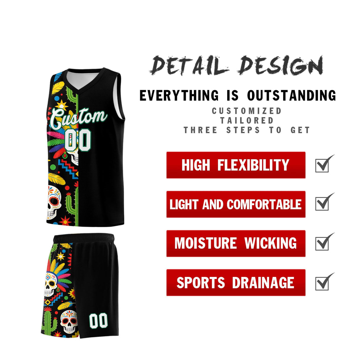 Custom Black Skeleton Mexican Colors Graffiti Patterns Breathable Uniform Basketball Jersey