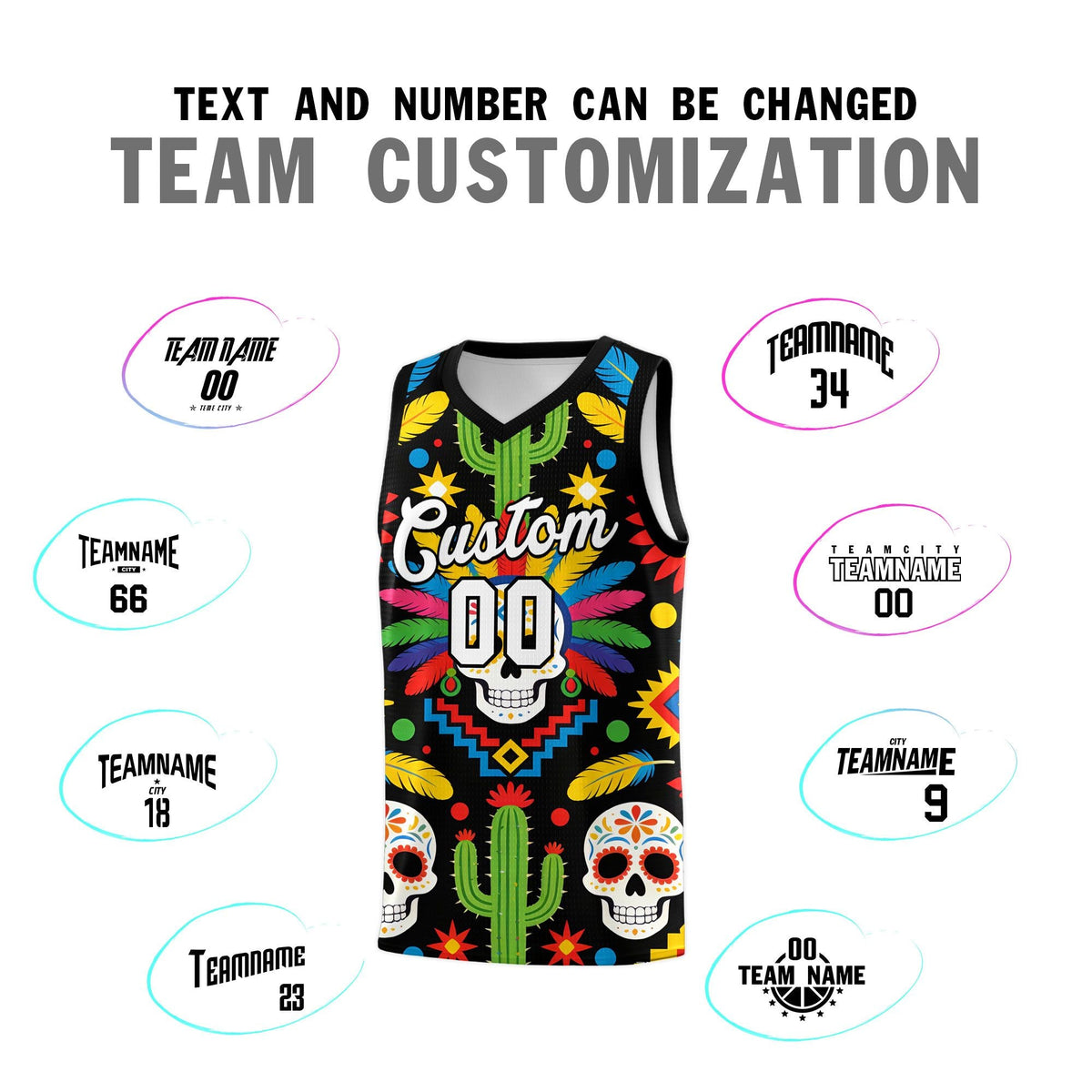 Custom Black Skeleton Mexican Colors Graffiti Patterns Quick-Drying Uniform Basketball Jersey