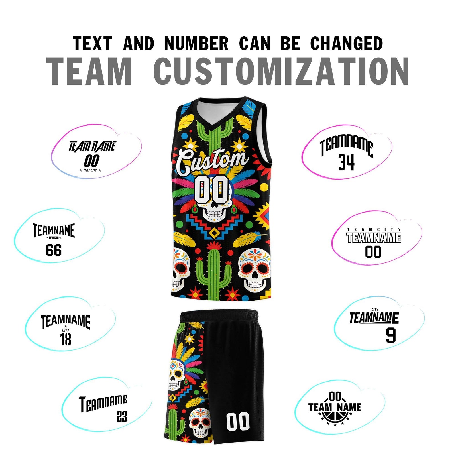 Custom Black Skeleton Mexican Colors Graffiti Patterns Quick-Drying Uniform Basketball Jersey