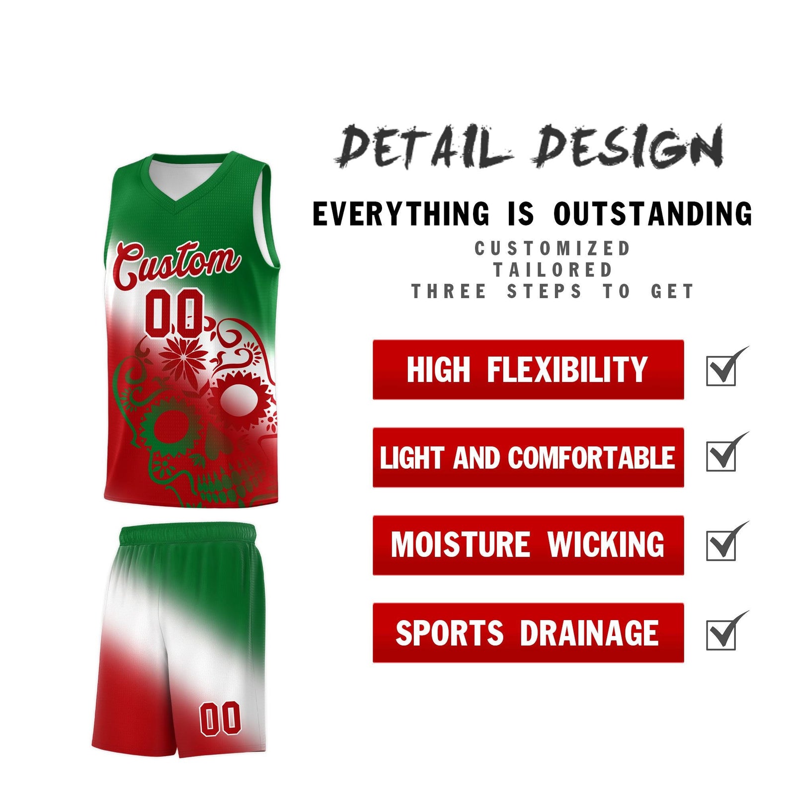 Custom White Kelly Green Red Mexican Colors Graffiti Patterns Lightweight Uniform Basketball Jersey