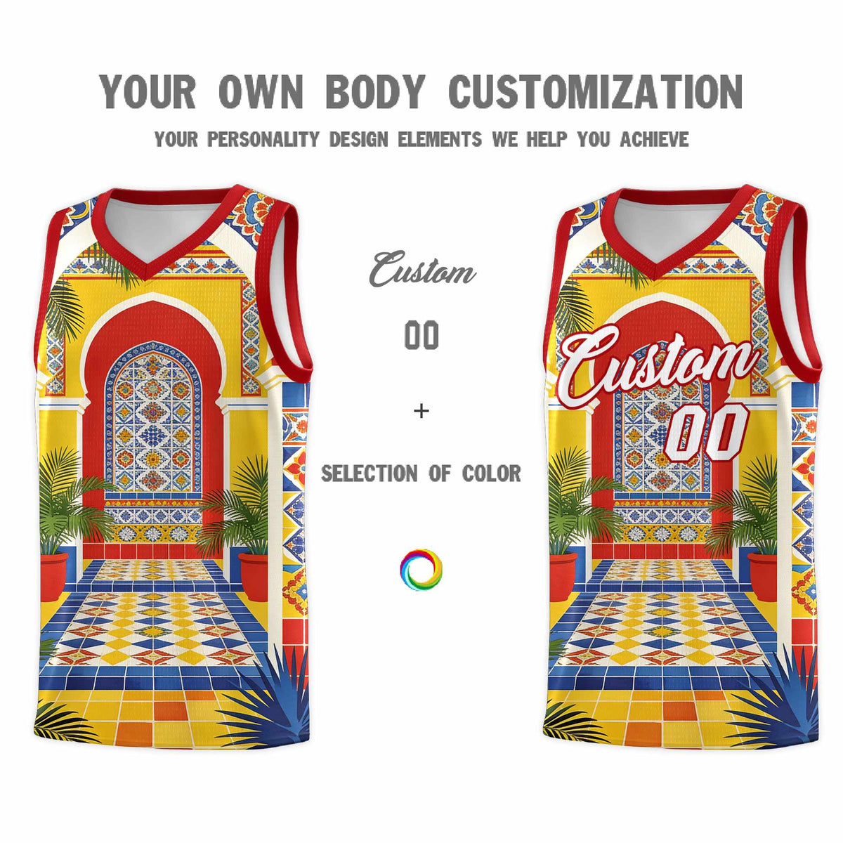 Custom Palace pattern Red Mexican Colors Graffiti Patterns Sublimation Printing Uniform Basketball Jersey