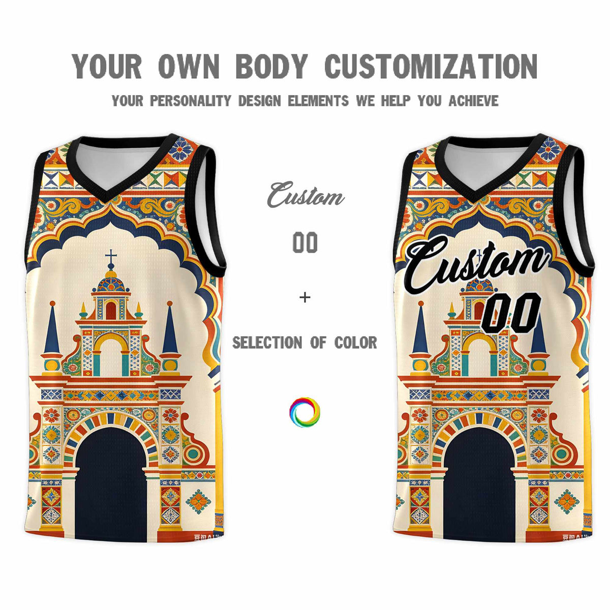 Custom Palace pattern Black Mexican Colors Graffiti Patterns Breathable Uniform Basketball Jersey