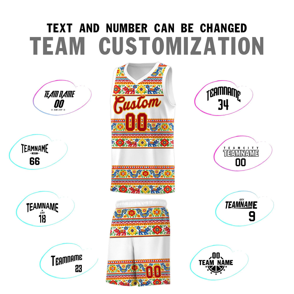 Custom White Colorfulflower pattern Mexican Colors Graffiti Patterns Quick-Drying Uniform Basketball Jersey