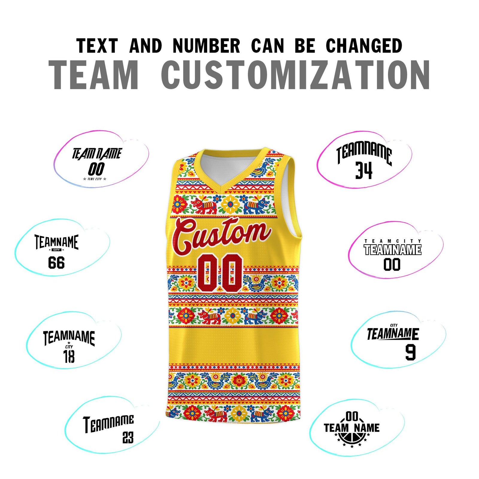 Custom Gold Colorfulflower pattern Mexican Colors Graffiti Patterns Lightweight Uniform Basketball Jersey